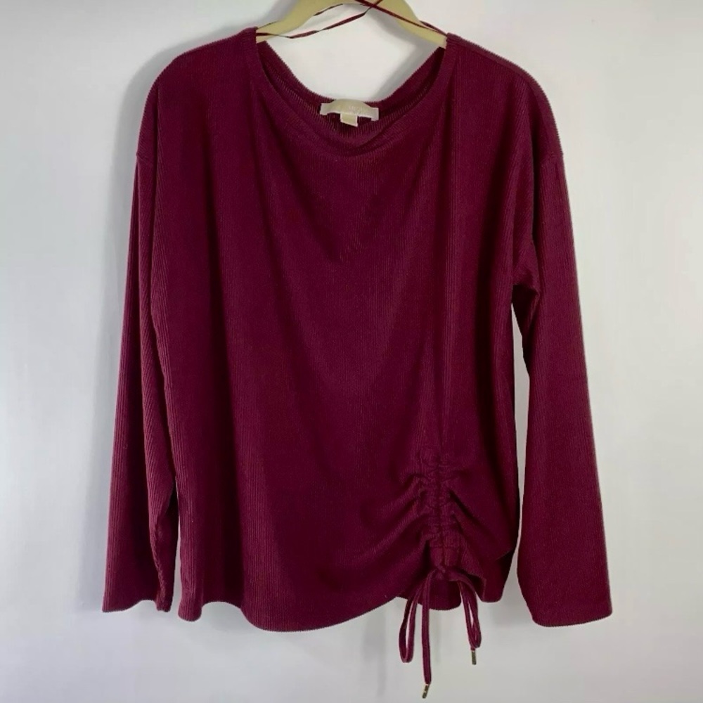 Michael Kors Women’s LS Ribbed Shirt w/ Ruched Side Drawstring Crimson Size PL